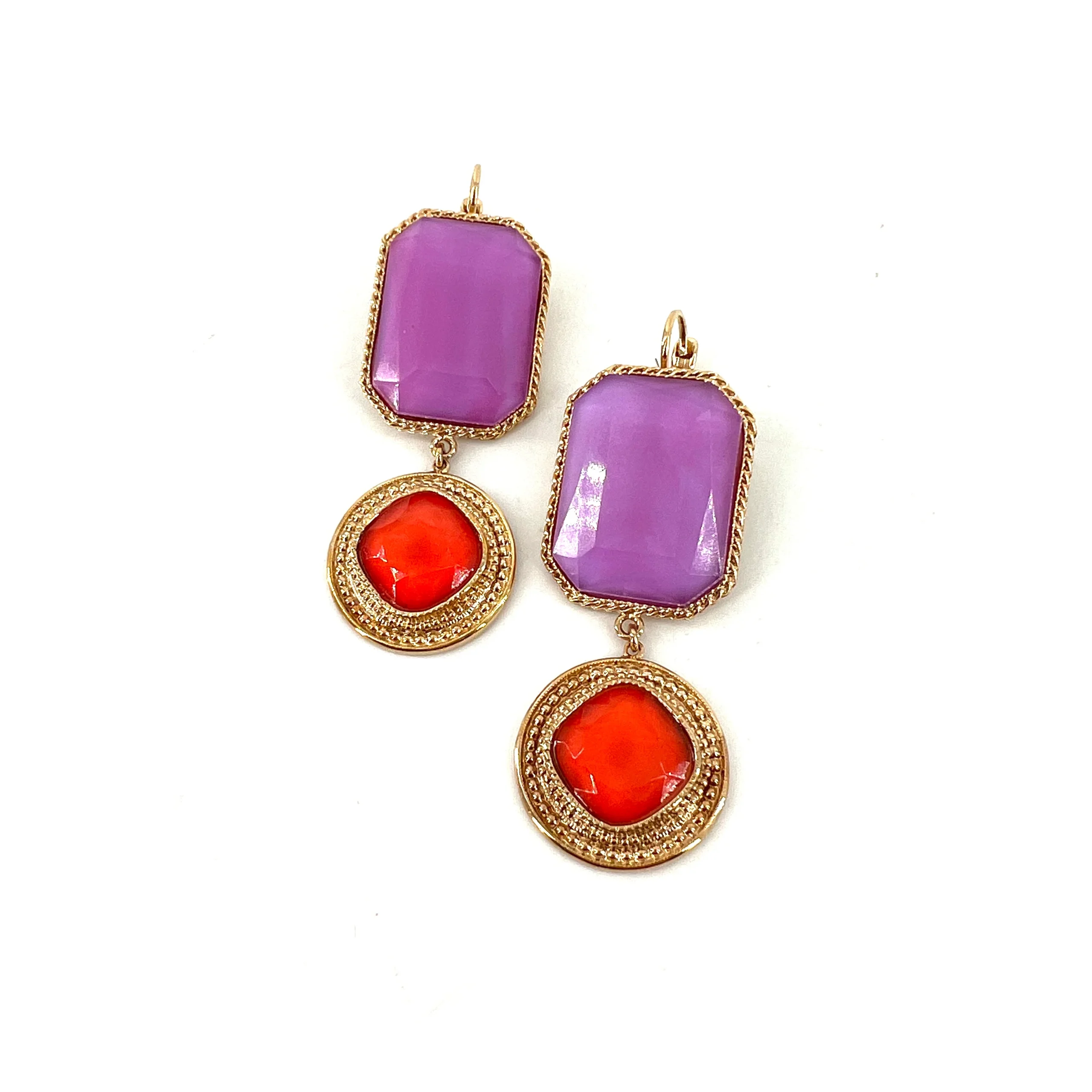 Boucle d'Oreille LOUISE GM en Pâte de Verre Violet et Corail – Image 4