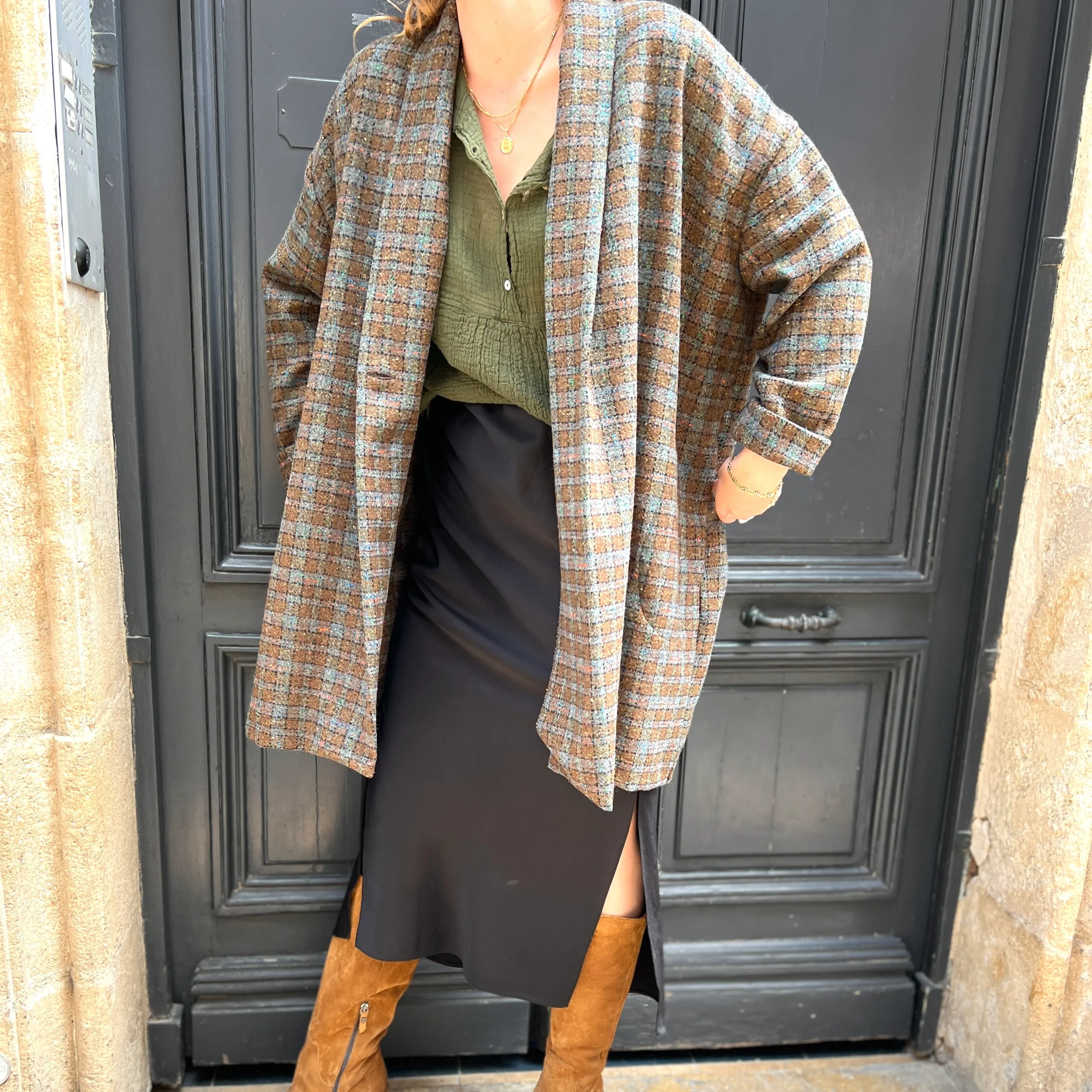 Manteau TOM à Petits Carreaux Marron et Noir Moucheté Multicolore – Image 3