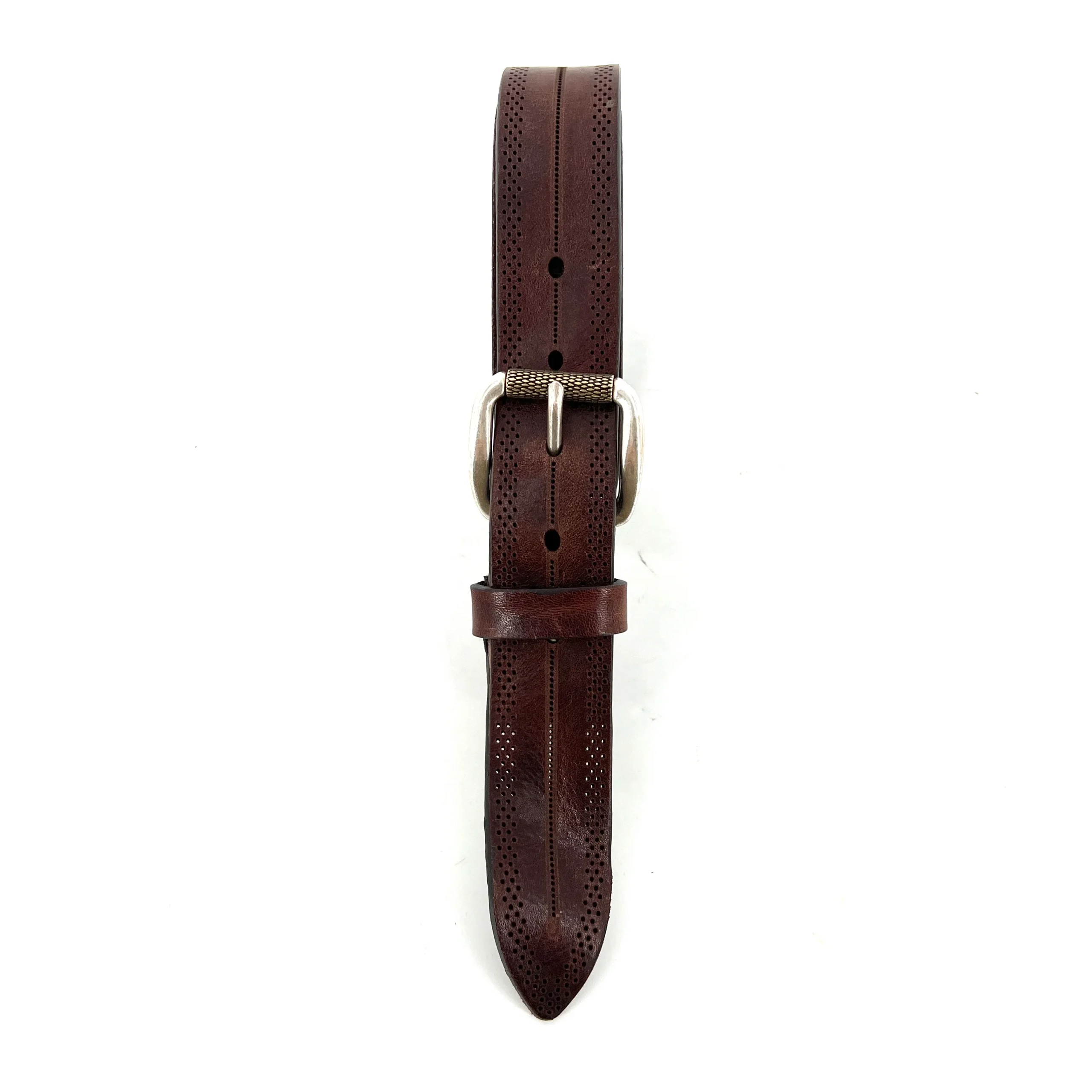 Ceinture en Cuir Perforé Marron boucle Argent Vieil Or – Image 2