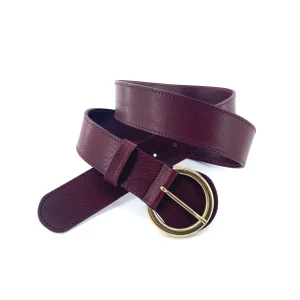 Ceinture en Cuir Bordeaux Boucle Ronde Dorée