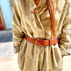 Ceinture en Cuir Camel Boucle Ronde Dorée