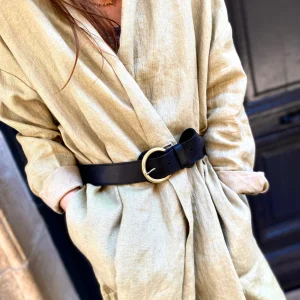 Ceinture en Cuir Noir Boucle Ronde Dorée