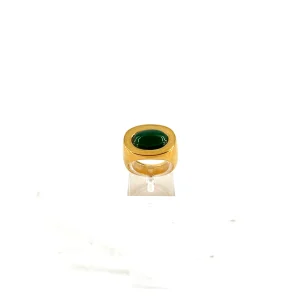 Large Bague Ovale en Plaqué et Cabochon Vert