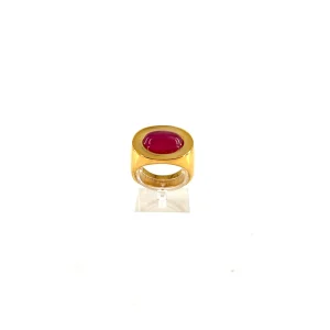 Large Bague Ovale en Plaqué Or et Cabochon Rose/Bordeaux