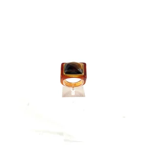 Large Bague en Acétate Tortoise et Oeil de Tigre Facetté Serti Plaqué Or