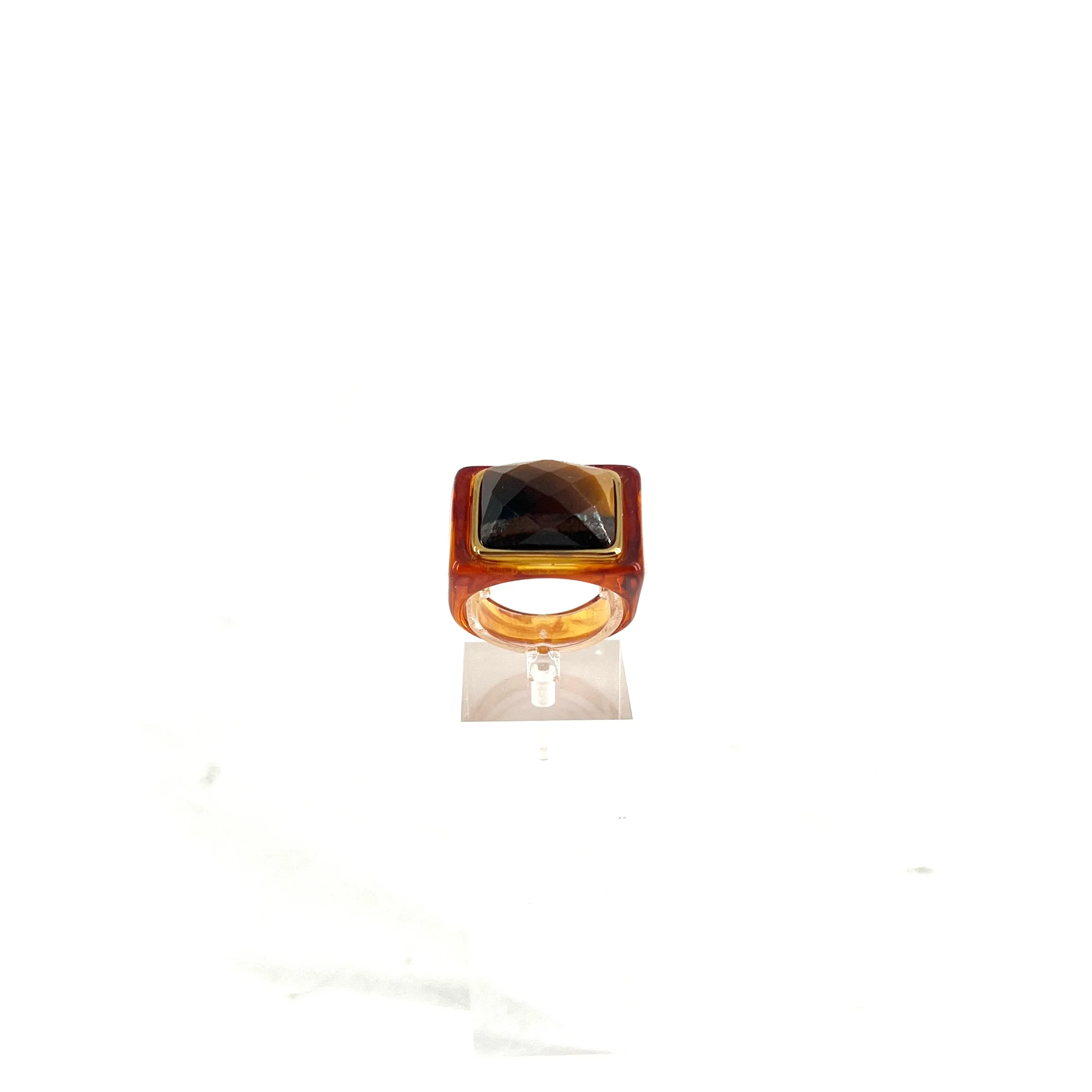 Large Bague en Acétate Tortoise et Oeil de Tigre Facetté Serti Plaqué Or – Image 2