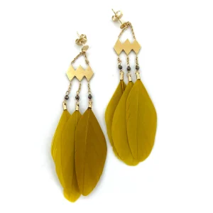 Boucles d'Oreilles JAHIA en Plumes Moutarde