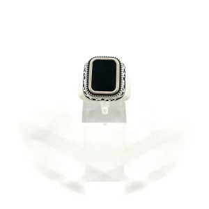Chevalière Rectangulaire en Argent Ciselé et Onyx Noir