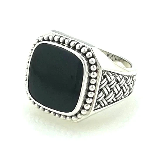 Chevalière Carrée Monture Argent Travaillée Onyx Noir – Image 4