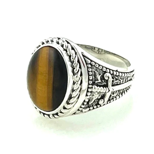 Chevalière en Argent Travaillé Sertie d'un Oeil de Tigre – Image 2