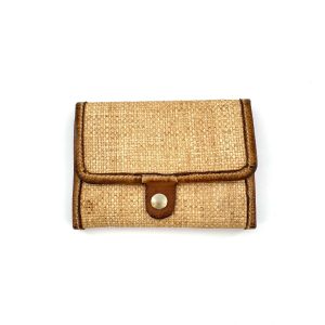 Portefeuille en Paille Enduite et Cuir Camel