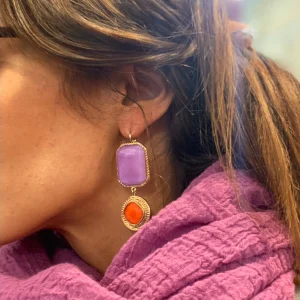 Boucle d'Oreille LOUISE GM en Pâte de Verre Violet et Corail