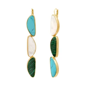 Très Longue Boucle d'Oreille NOTO Cabochon Nacre Vert et Bleu