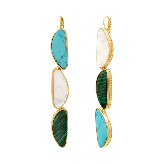 Très Longue Boucle d'Oreille NOTO Cabochon Nacre Vert et Bleu – Image 2